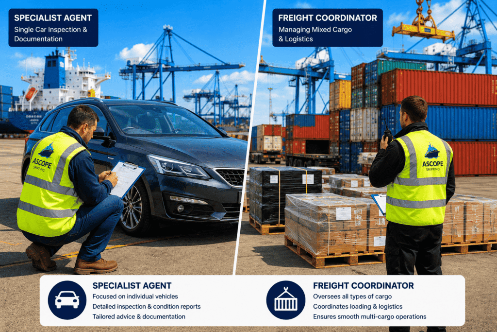 Car Shipping Agent vs Freight Forwarder: What's the Difference? 1 Car shipping agent versus freight forwarder handling vehicle export