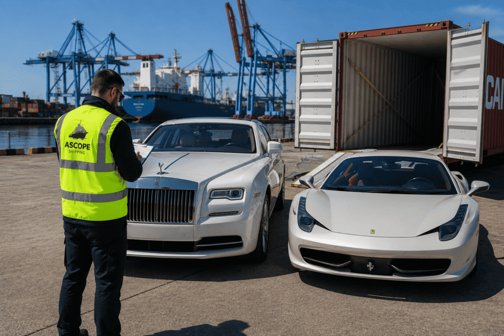 Luxury Car Shipping 2 Luxury cars being prepared for enclosed container shipping at UK port