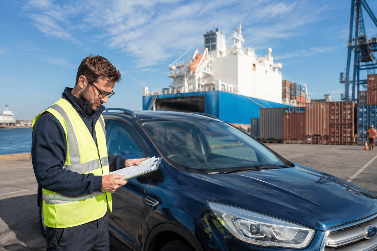 Shipping agent checking car import documents UK at port before customs clearance Shipping agent checking car import documents UK at port before customs clearance