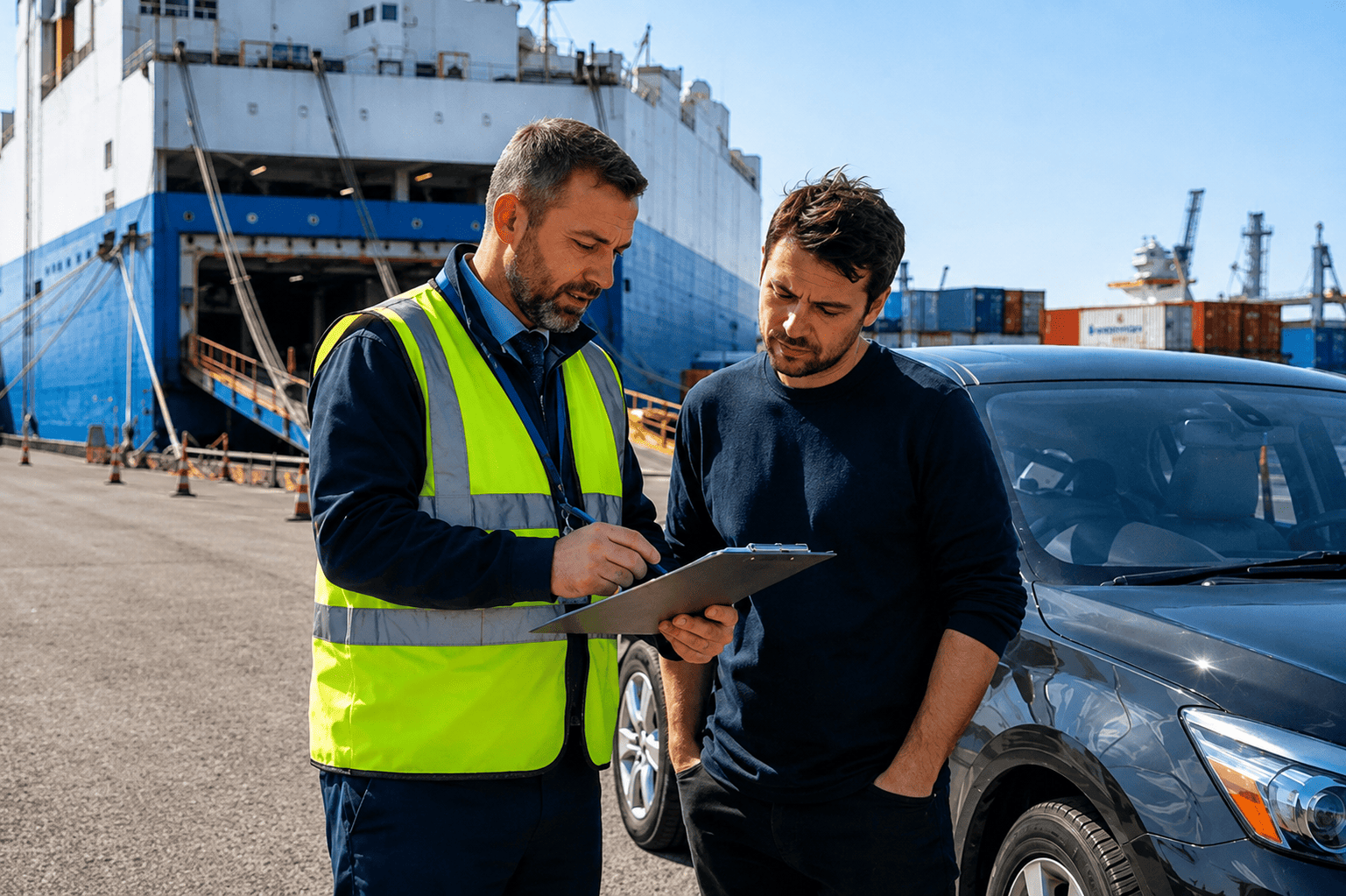 UK vehicle shipping specialist advising customer at port before car export